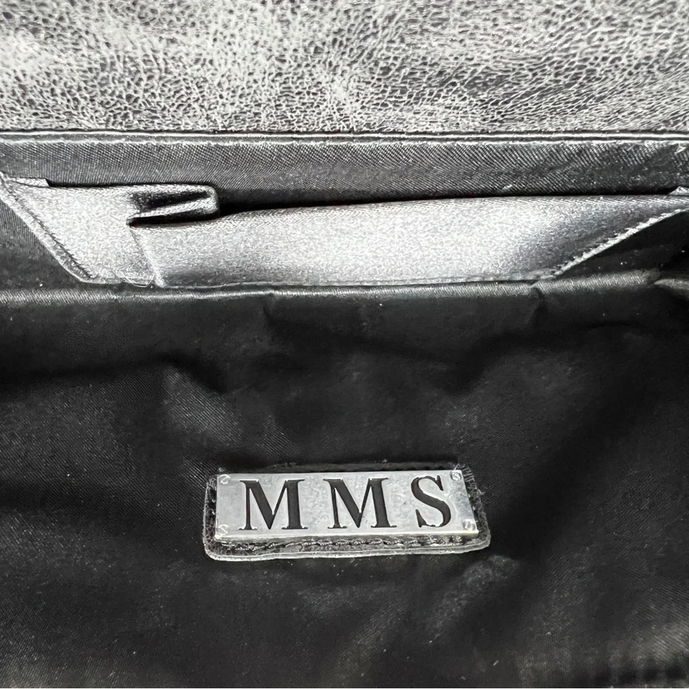 NEW MMS Black Faux Leather Rhinestone Accent Clutch Purse Silver Chain Strap
